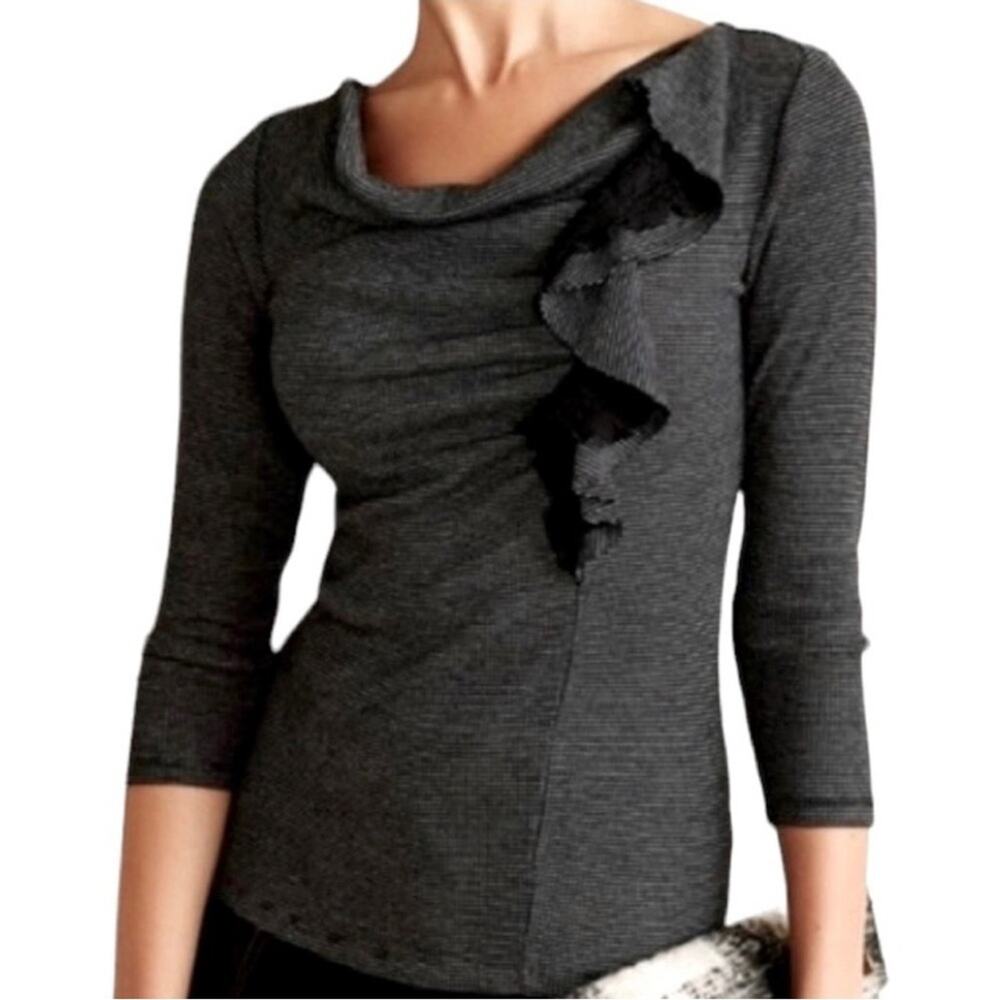 Anthropologie Deletta Black & Gray Striped Ophelia Ruffle & Lace Knit Top,Size M